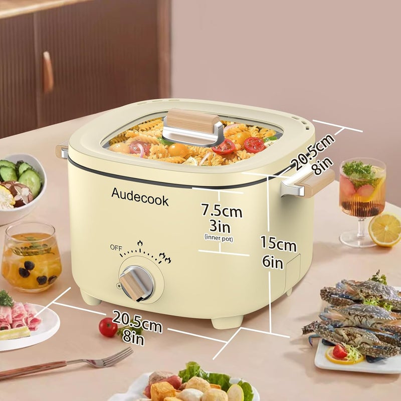 Audecook Hot Pot Electric, 2.5L Portable Nonstick Multicooker for 1-3 Persons, Honeycomb Texture Travel Electric Skillet with Dual Power Temperature Control for Steak/Egg/Noodles/Oatmeal (Beige) - Image 3